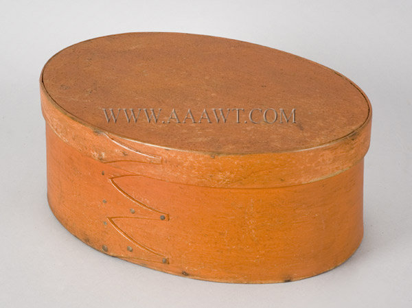 Shaker Bentwood Box, Period Dark Salmon Paint, Nearly Twelve Inches
America
19th Century, entire view